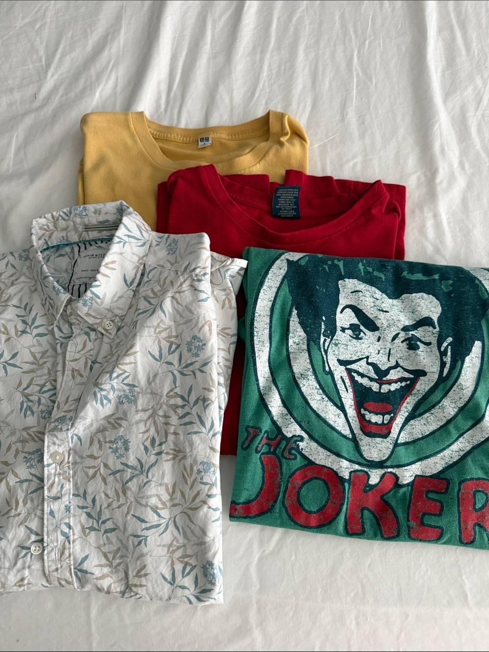 Vintage Joker Graphic Tee + Red, Mustard & Floral Shirts Bundle